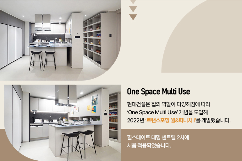 One Space Multi Use 현대건설은 집의 역할이 다양해짐에 따라 One Space Multi Use 개념을 도입해 2022년 트랜스포밍 월&퍼니처 Ⅰ를 개발했습니다.  힐스테이트 대명 센트럴 2차에 처음 적용되었습니다. 